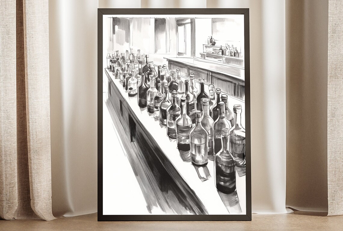 Bar Counter Bottles Ink Sketch Black White Monochrome Liquor Art Wall Poster