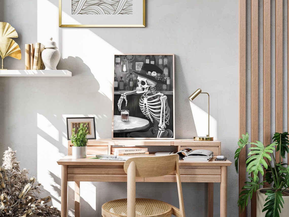 Skeleton Alcohol Bar Black And White Halloween Poster Halloween Bar Cart Art Cute Fall Art Prints Home Bar Decorations - Image 4