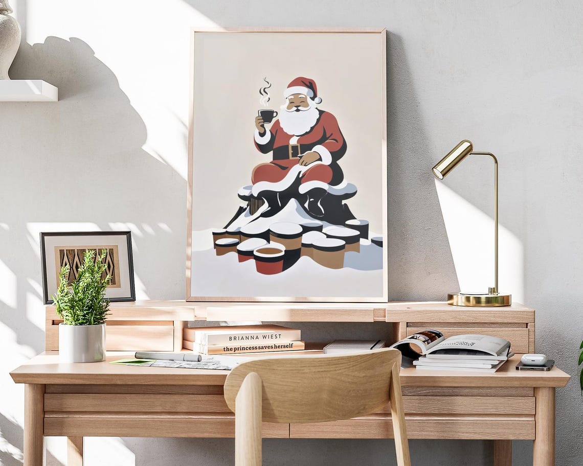 Santa Claus Sitting In Snow With Hot Cocoa Cups Holiday Poster - Image 4