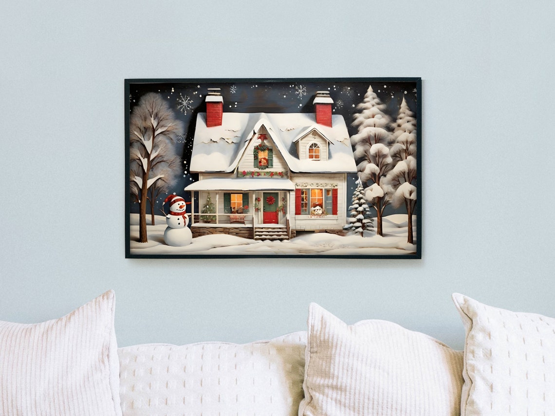 Snowy Christmas Cottage With Snowman Cozy Winter Night Art Poster - Image 2