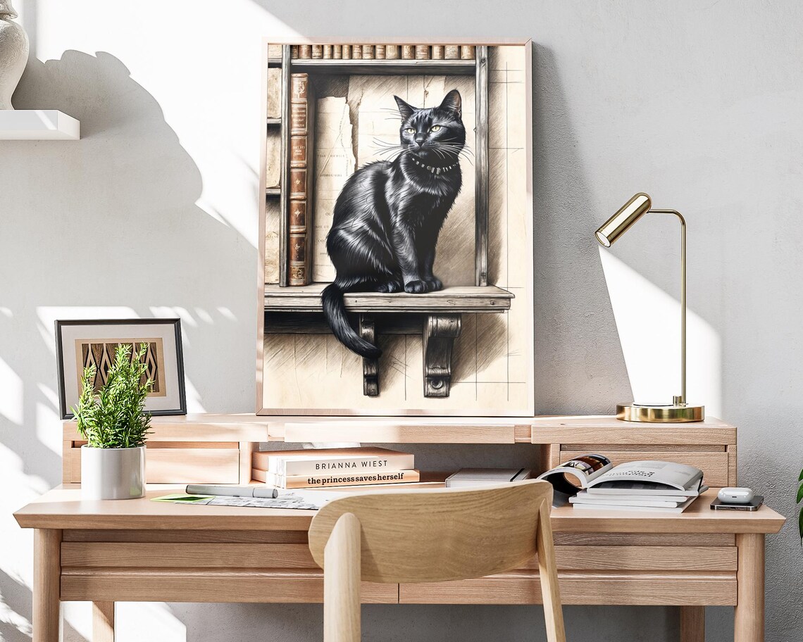 Black Cat Library Shelf Sketch Book Lover Vintage Art Poster - Image 4