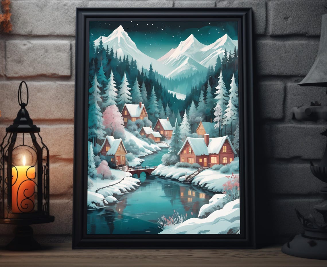 Starry Night Mountain Village With Cabins And River Reflection Poster