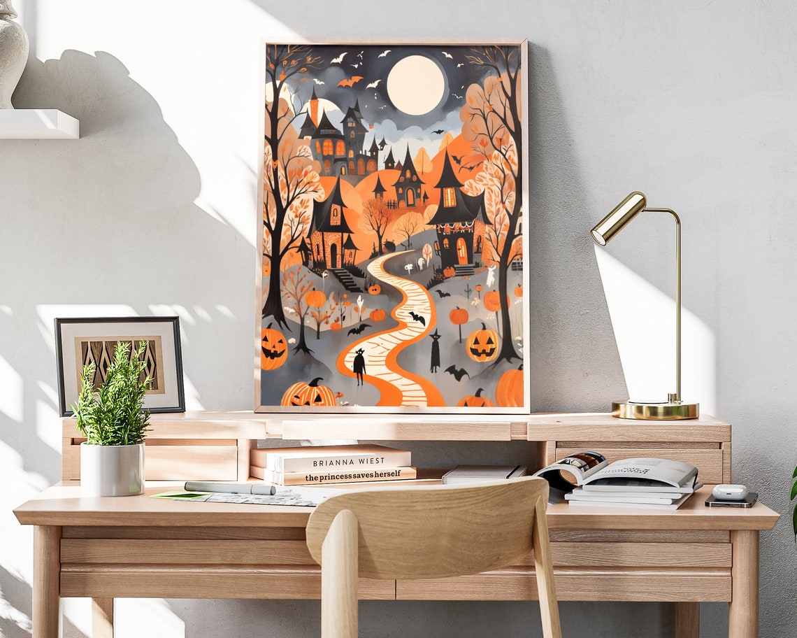 Spooky Halloween Town Glowing Winding Path Bats Full Moon Poster - Image 4