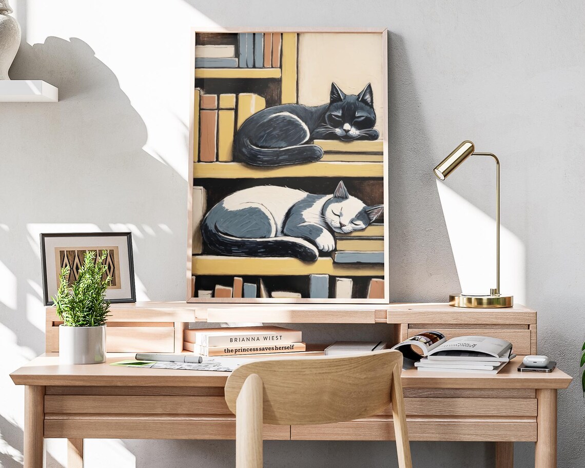 Two Sleeping Cats Bookshelf Shelves Cozy Book Lover Art Poster - Image 4