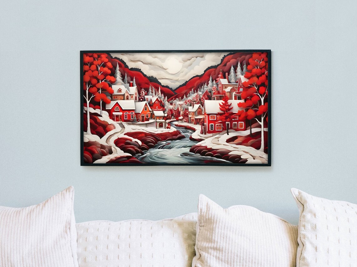 Folk Art Red Christmas Village River Snowy Mountain Scene Poster - Image 2