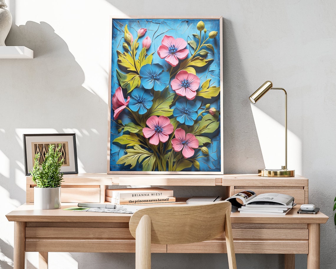 Blue Floral Sculpted 3D Flowers Textured Spring Botanical Poster - Image 4
