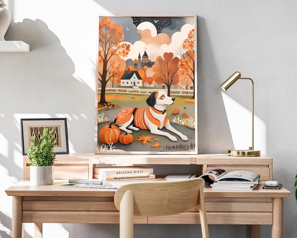 White Dog Orange Bandana Pumpkins Night Village Folk Art Poster - Image 4