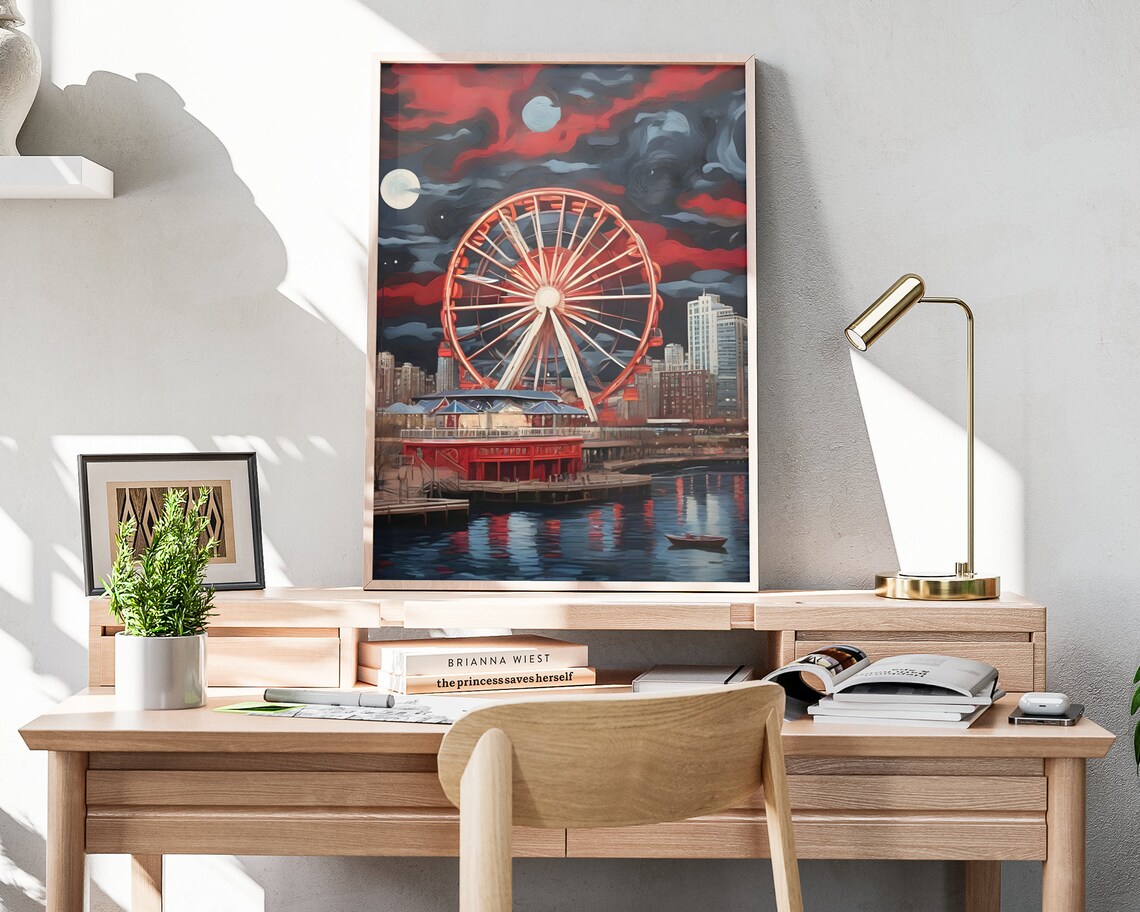 Chicago Navy Pier Ferris Wheel Starry Night Red Sky Lakefront Art Poster - Image 3