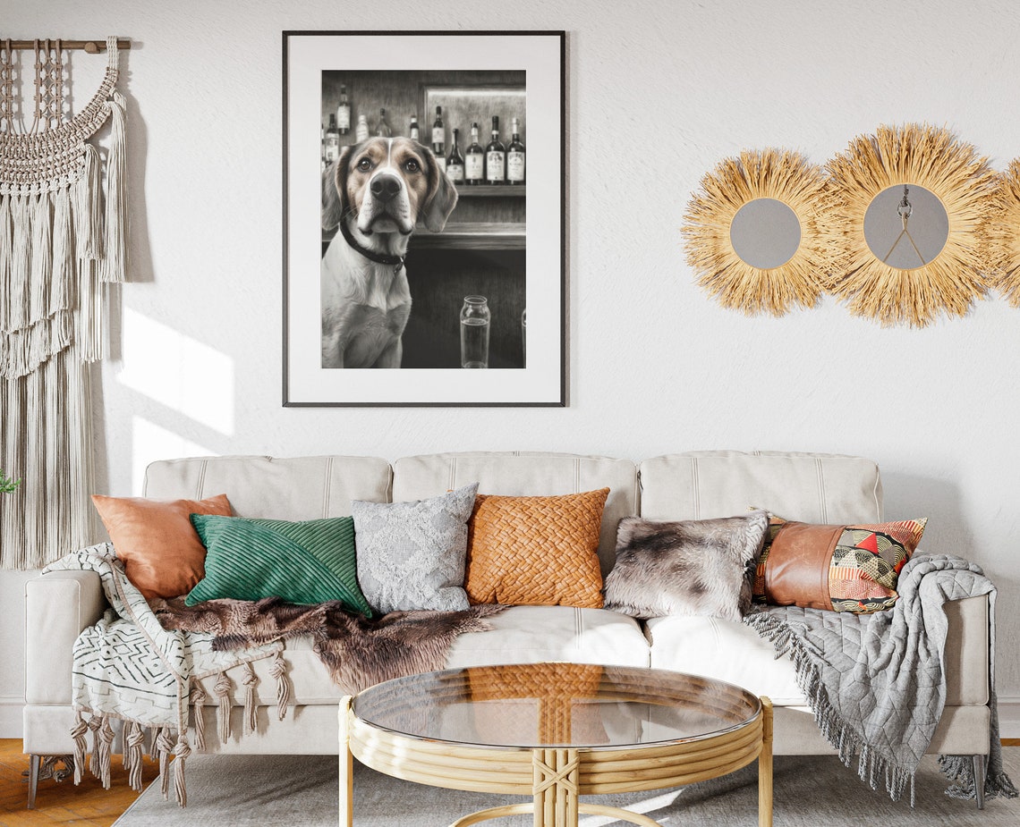 Beagle Dog Close Up Portrait At Bar Counter Black White Poster - Image 2