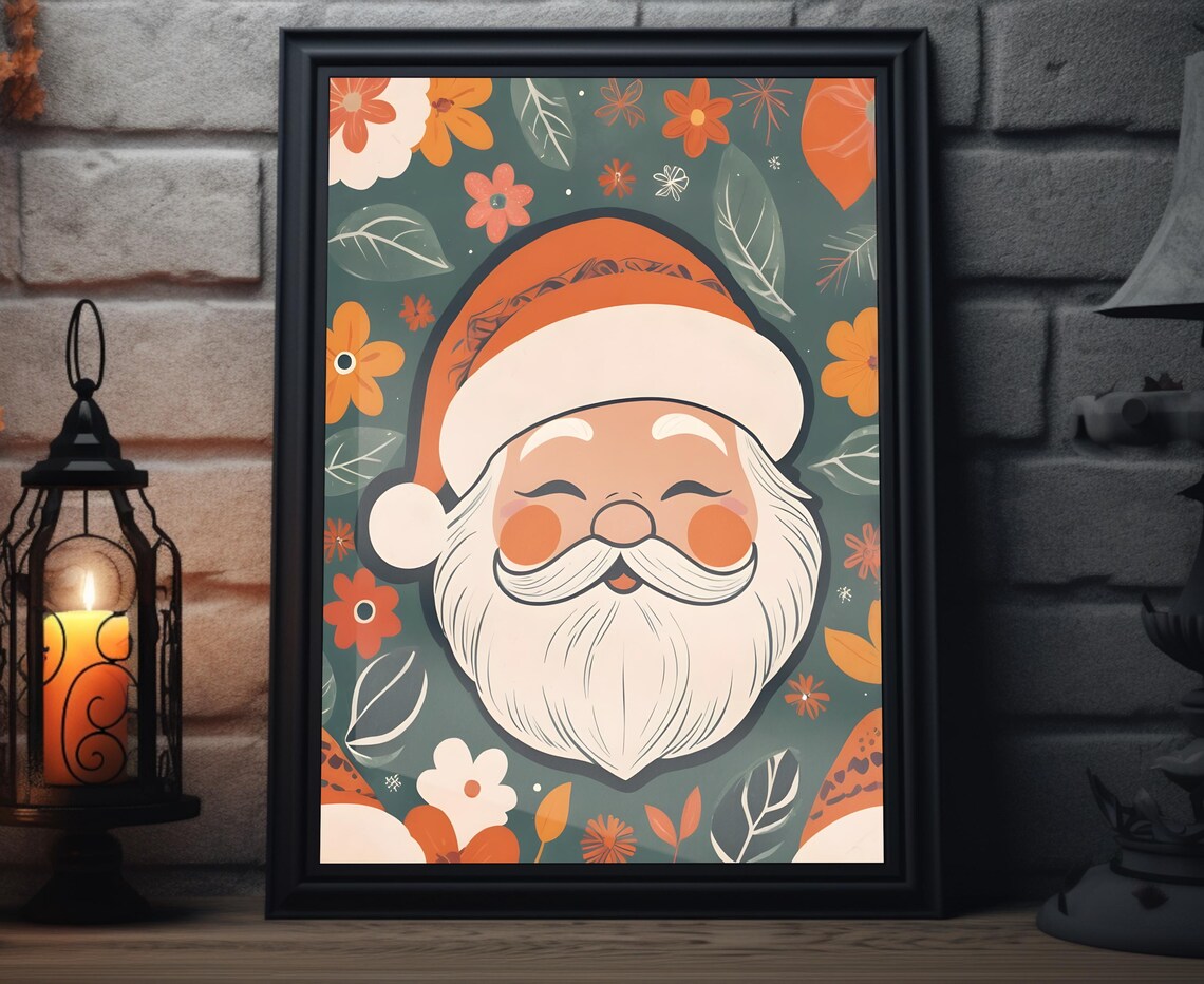 Boho Santa Face Portrait Dark Green Floral Background Holiday Poster