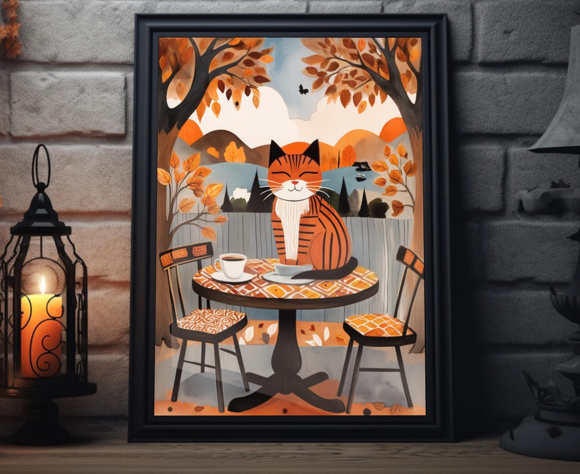 Orange Tabby Cat Cafe Table Coffee Cups Autumn Trees Cozy Art Poster