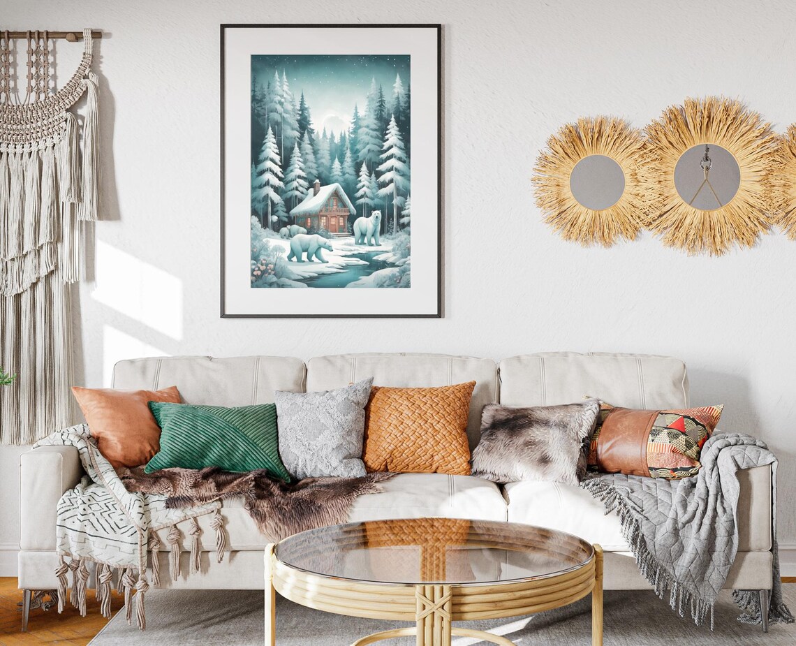 Polar Bear Family In Snowy Winter Forest Cabin Night Art Poster - Image 2
