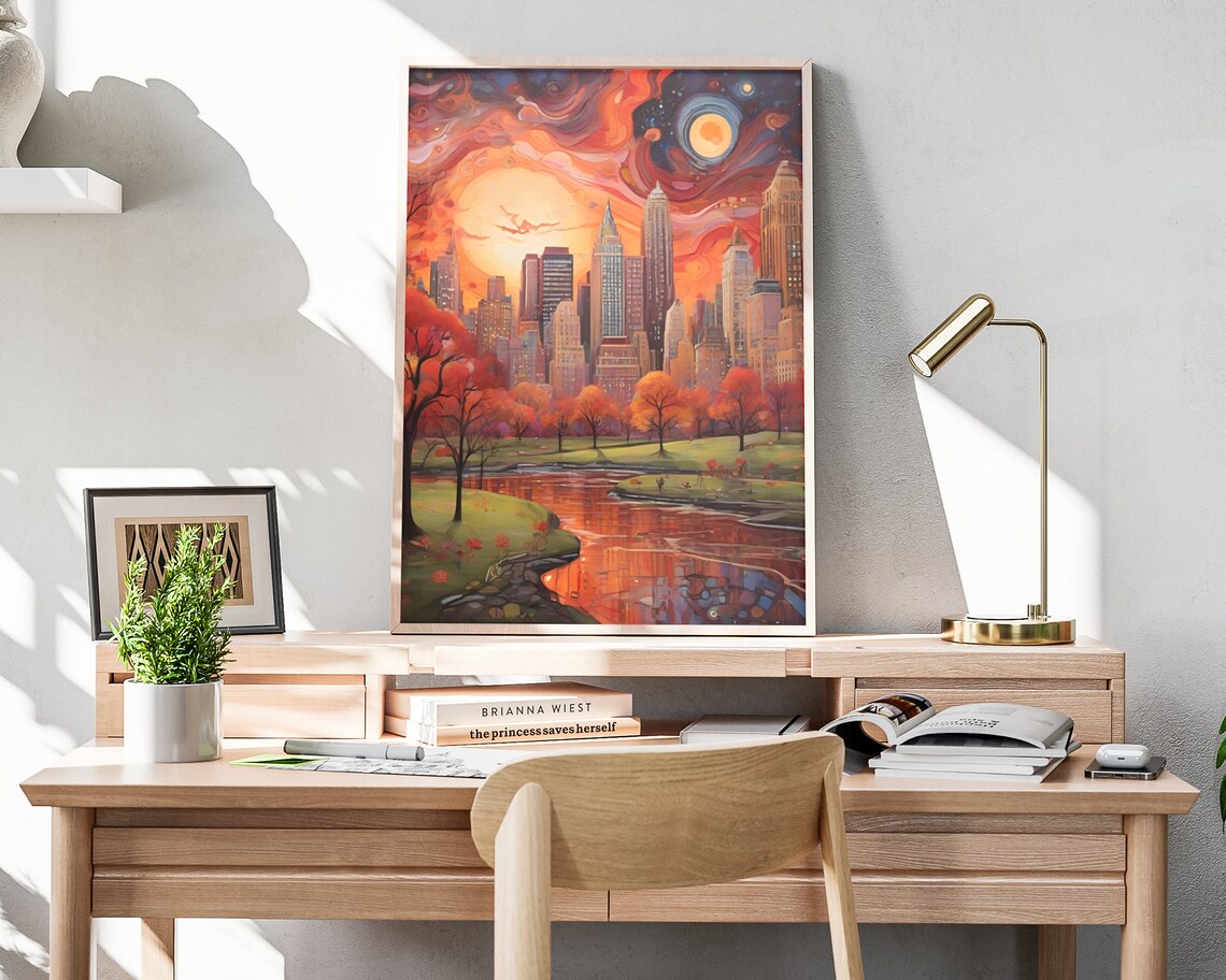 New York Central Park Autumn Sunset Lake Manhattan Skyline Art Poster - Image 3