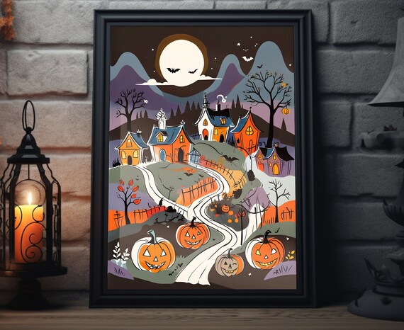 Halloween Pumpkin Village Moonlit Night Bats Folk Art Poster