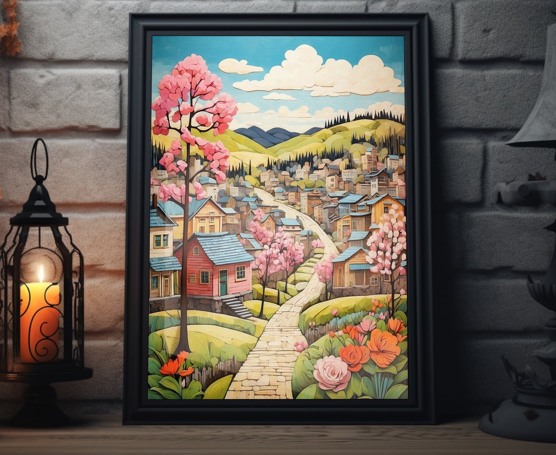 Spring Hillside Town Blossom Trees Winding Path Folk Art Poster