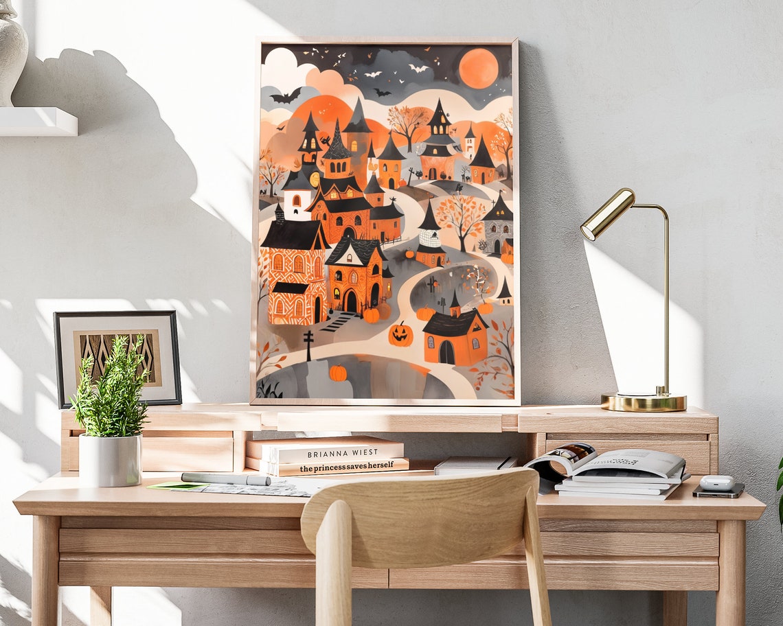 Orange Halloween Town Patterned Houses Bats Moonlit Night Poster - Image 4