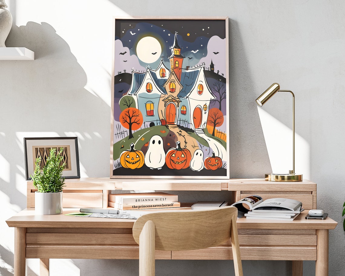 Haunted Halloween Mansion Ghosts Pumpkins Full Moon Night Poster - Image 4