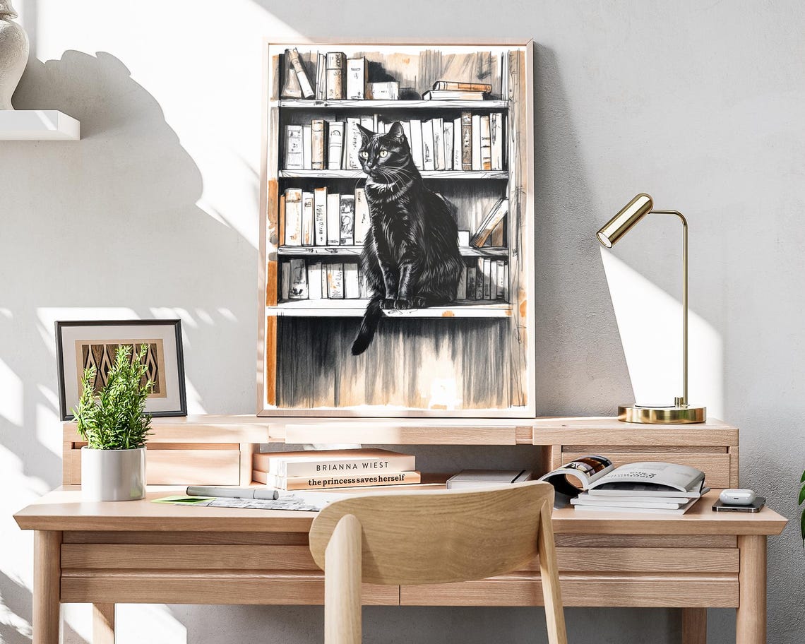 Black Cat Sitting On Bookshelf Ink Sketch Library Art Poster - Image 4