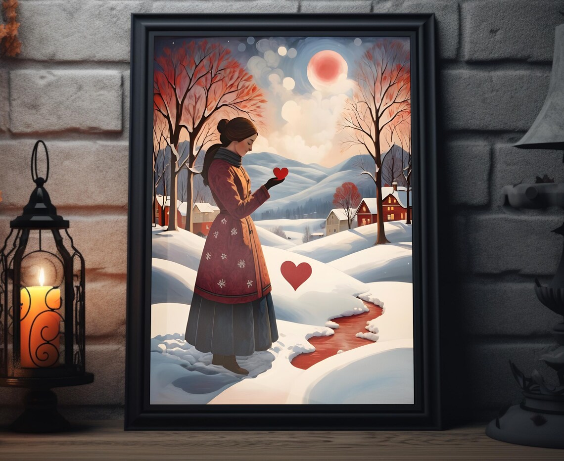 Winter Heart Snowy Village Woman Red Heart Folk Art Christmas Poster