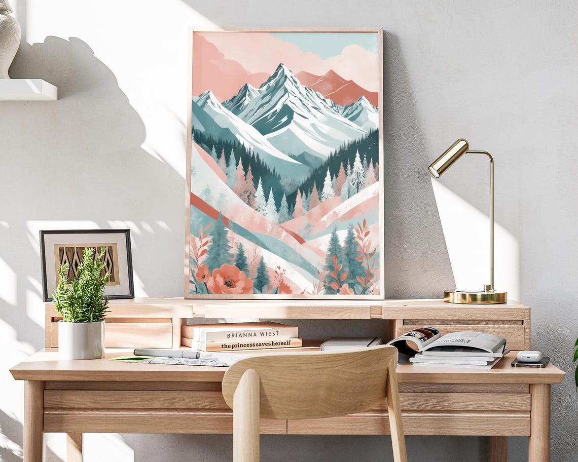 Pastel Abstract Snowy Mountain Pines Winter Landscape Art Poster - Image 4