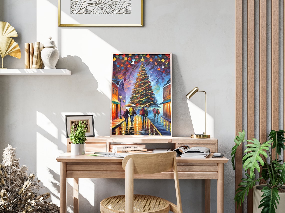 Christmas Tree Snowy Street Night Impressionist Holiday Art Poster - Image 4