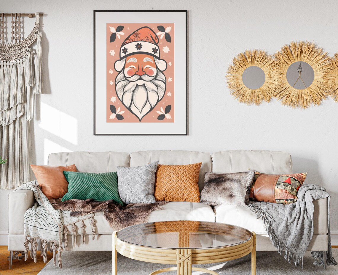 Boho Santa Face Portrait Floral Hat Christmas Holiday Art Poster - Image 2