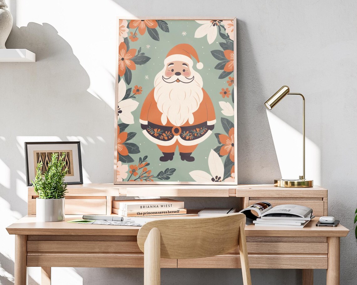 Boho Santa Claus Orange Suit Floral Border Christmas Holiday Poster - Image 4