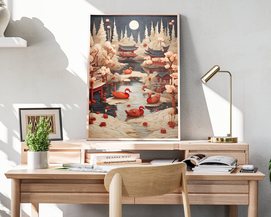 Chinese New Year Red Ducks Moonlit Pagoda Pond Lunar Night Art Poster - Image 4