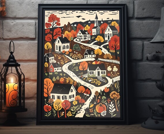 Autumn Village With Church Winding Road Pumpkins Fall Trees Folk Art Poster