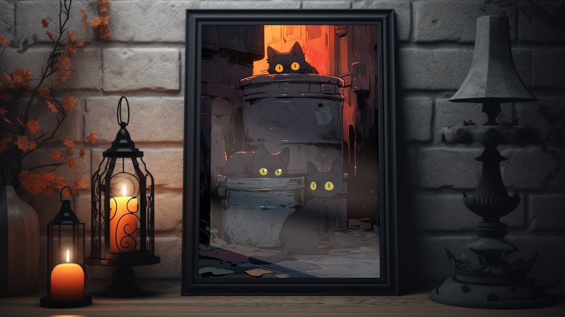 Halloween Cat Wall Art Original Artwork Of Cute Black Cat In A Spooky Halloween Scene