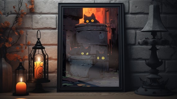 Halloween Cat Wall Art Original Artwork Of Cute Black Cat In A Spooky Halloween Scene