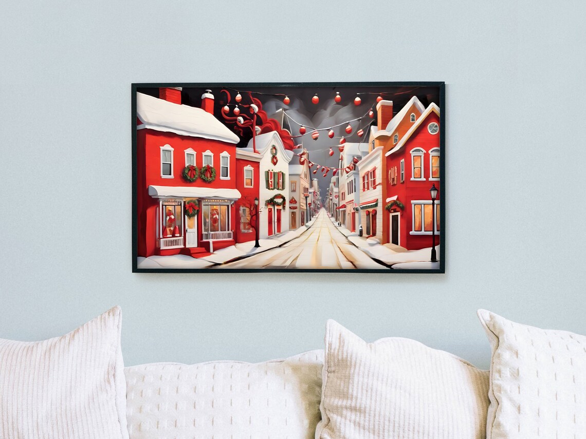 Folk Art Red Christmas Town Street Snowy Lights Holiday Wall Art - Image 2
