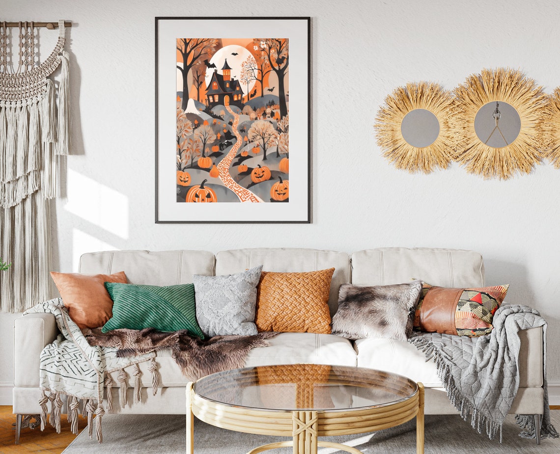 Haunted House Ghost Forest Moonlit Orange Path Pumpkins Poster - Image 2