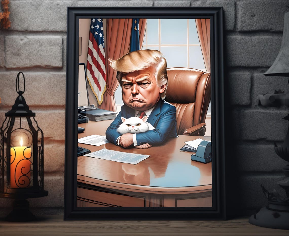 Donald Trump Caricature With White Cat Oval Office Art Poster