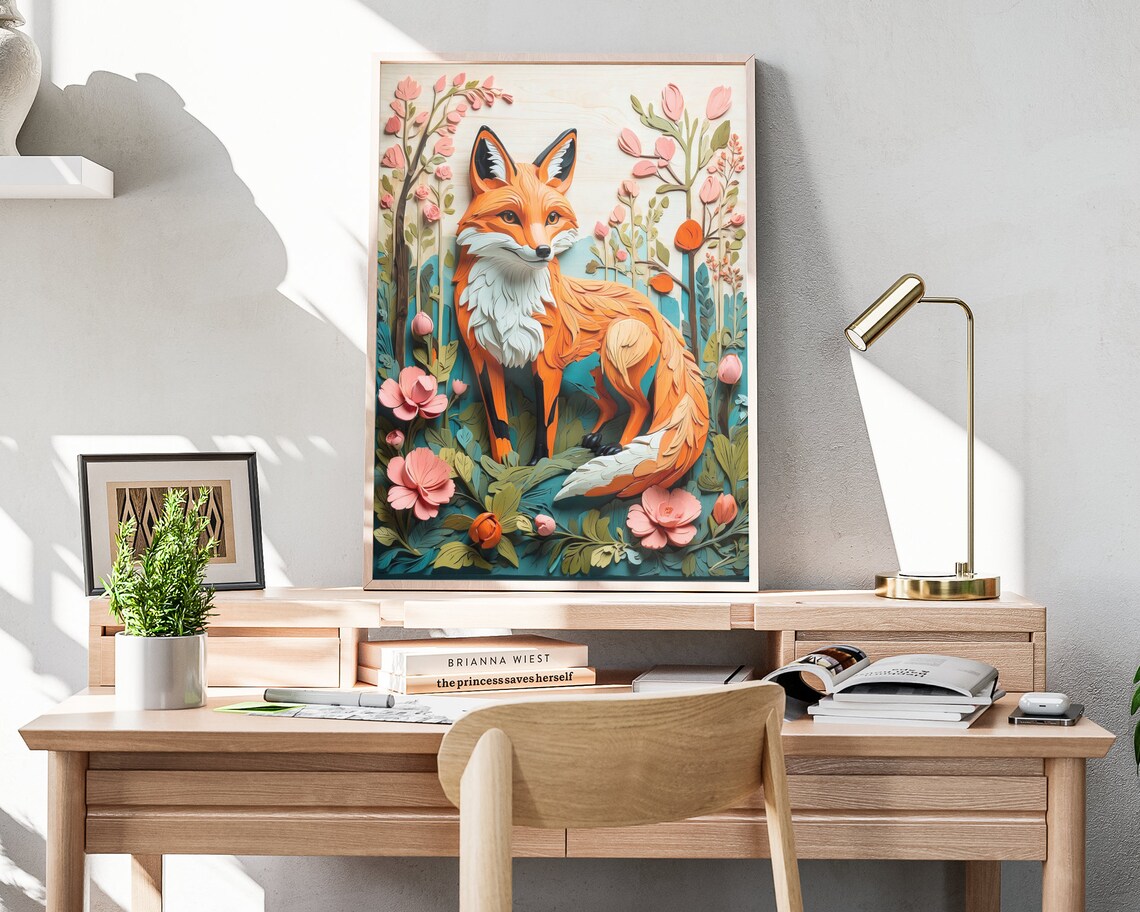 Red Fox 3D Paper Quilling Pink Flowers Blue Background Woodland Poster - Image 4