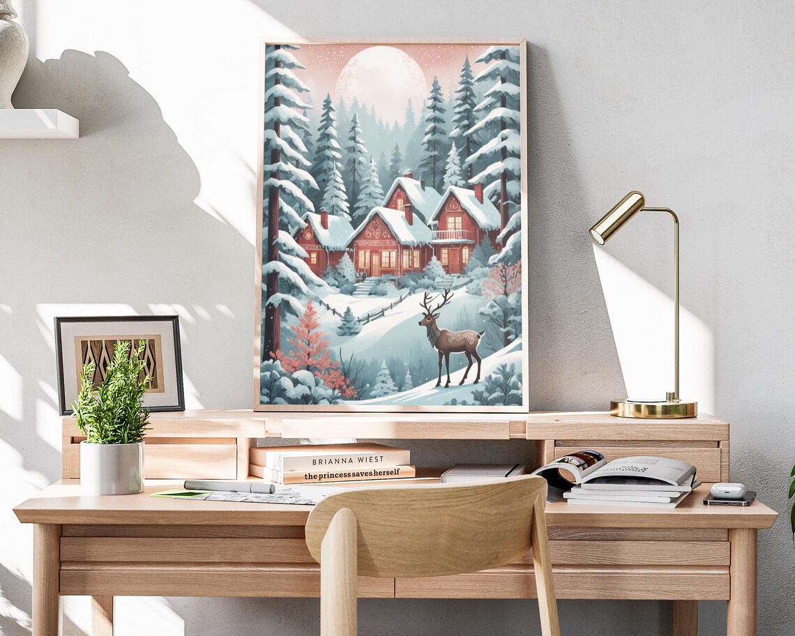 Snowy Cabin Moonlit Forest Deer Red Cottages Winter Night Poster - Image 4
