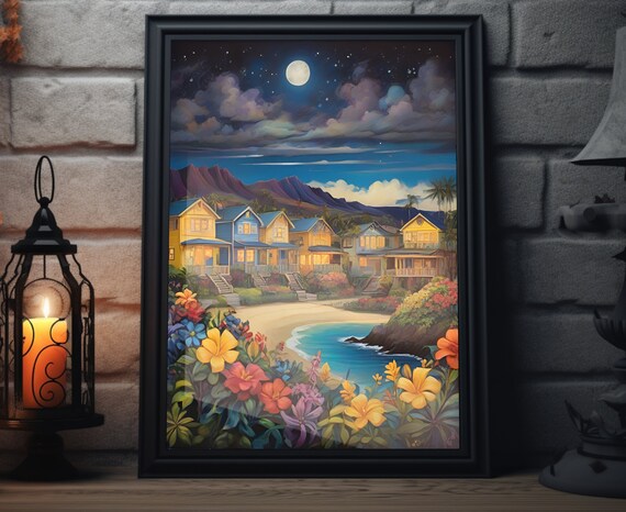 Hawaii Beach Cottages Night Full Moon Tropical Flowers Shore Art Poster
