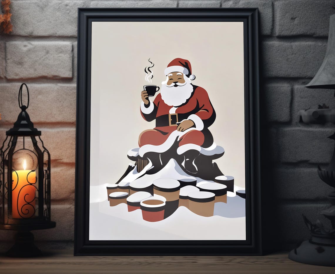 Santa Claus Sitting In Snow With Hot Cocoa Cups Holiday Poster