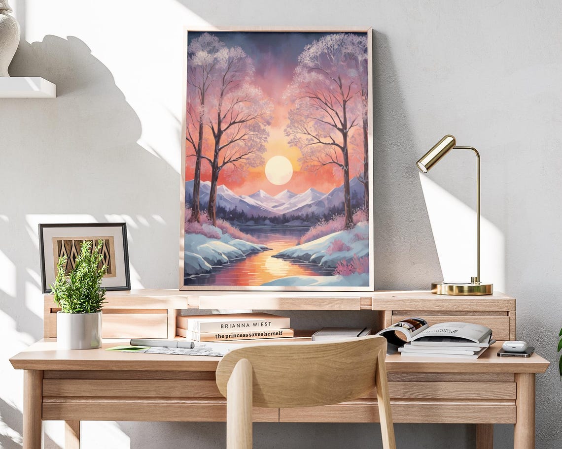 Sunset Winter Landscape Snowy River Frosted Trees Calm Poster - Image 4