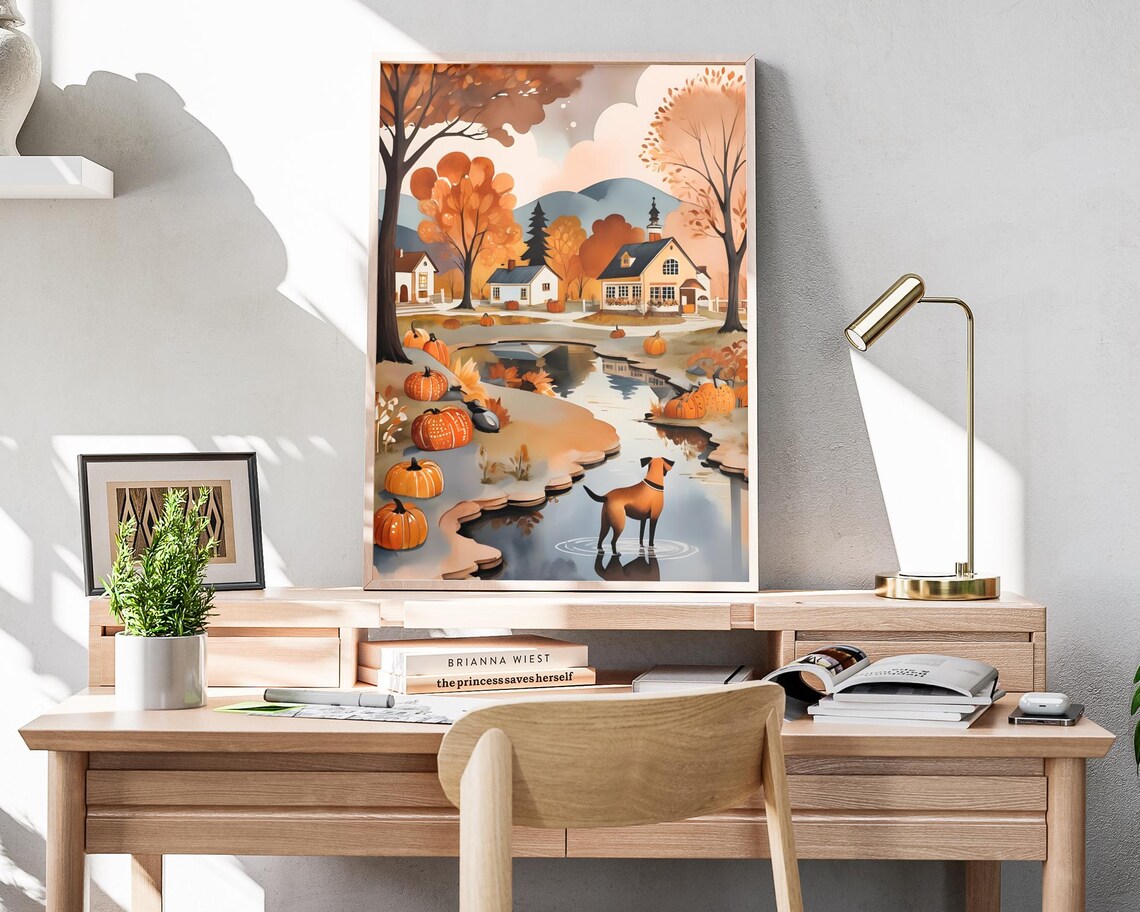 Brown Dog Standing In Pumpkin Pond Village Houses Autumn Folk Art Poster - Image 4
