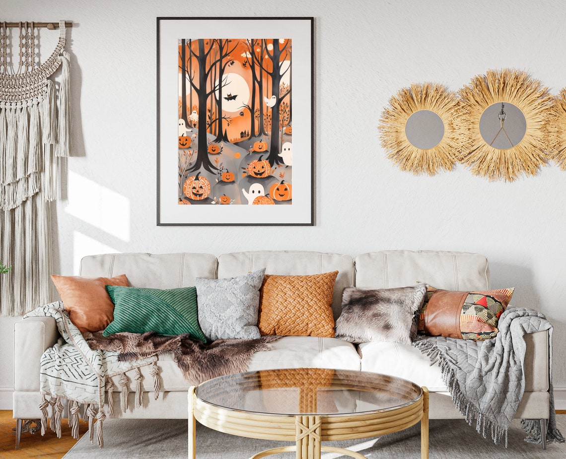 Halloween Ghost Forest Tall Trees Pumpkins Moonlit Night Poster - Image 2