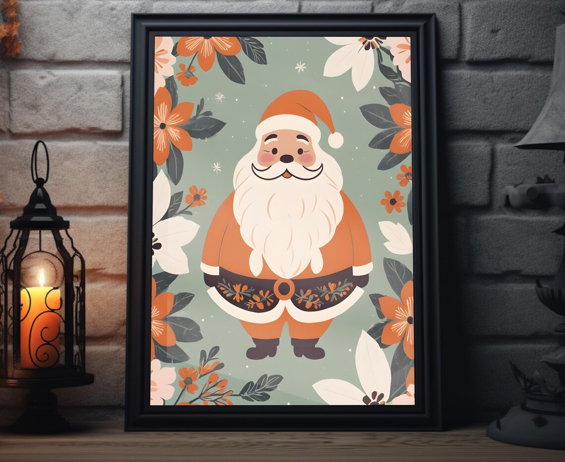 Boho Santa Claus Orange Suit Floral Border Christmas Holiday Poster