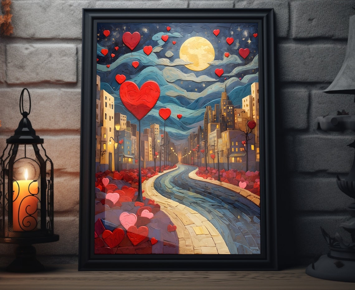 Valentines City Night Moonlit Street Heart Trees Romantic Folk Poster