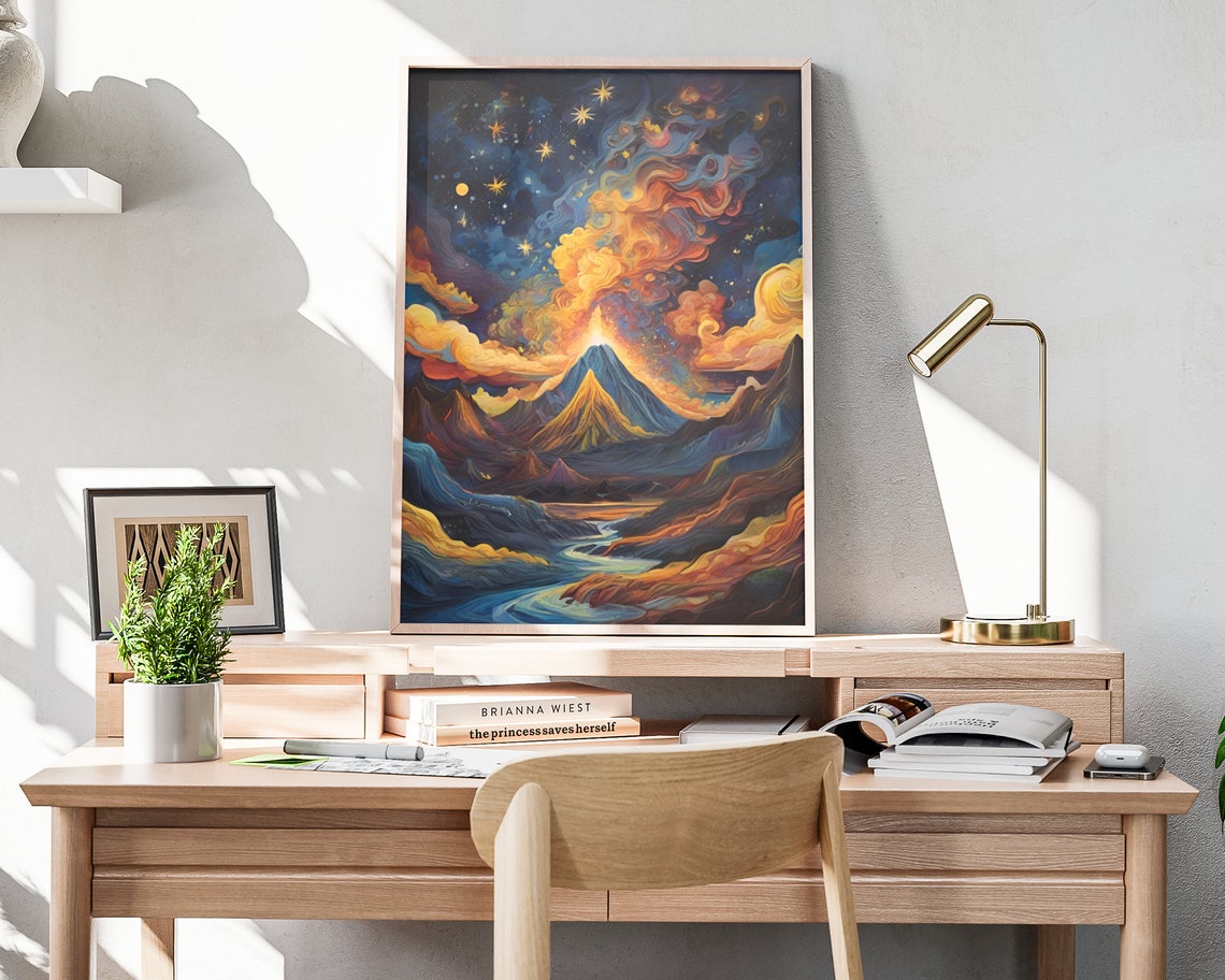Hawaii Volcano Starry Sunset Swirling Clouds Mountain Peak View Poster - Image 3