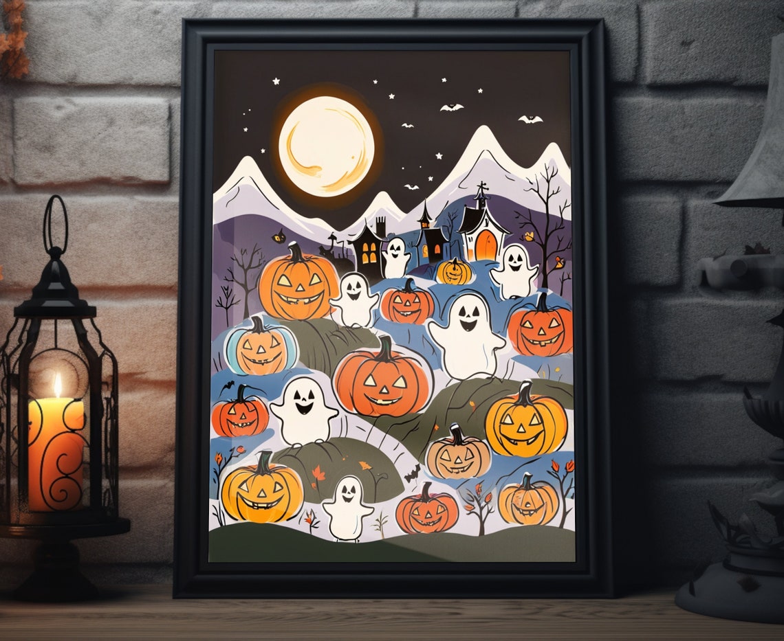 Cute Ghosts And Smiling Jack O Lanterns Halloween Night Art Poster