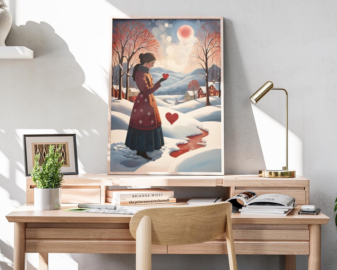 Winter Heart Snowy Village Woman Red Heart Folk Art Christmas Poster - Image 4