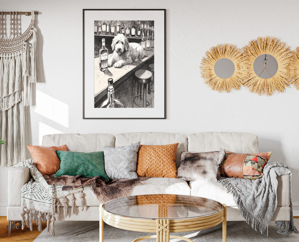 Golden Doodle Dog Bar Cart Art Print, Black and White - Image 2