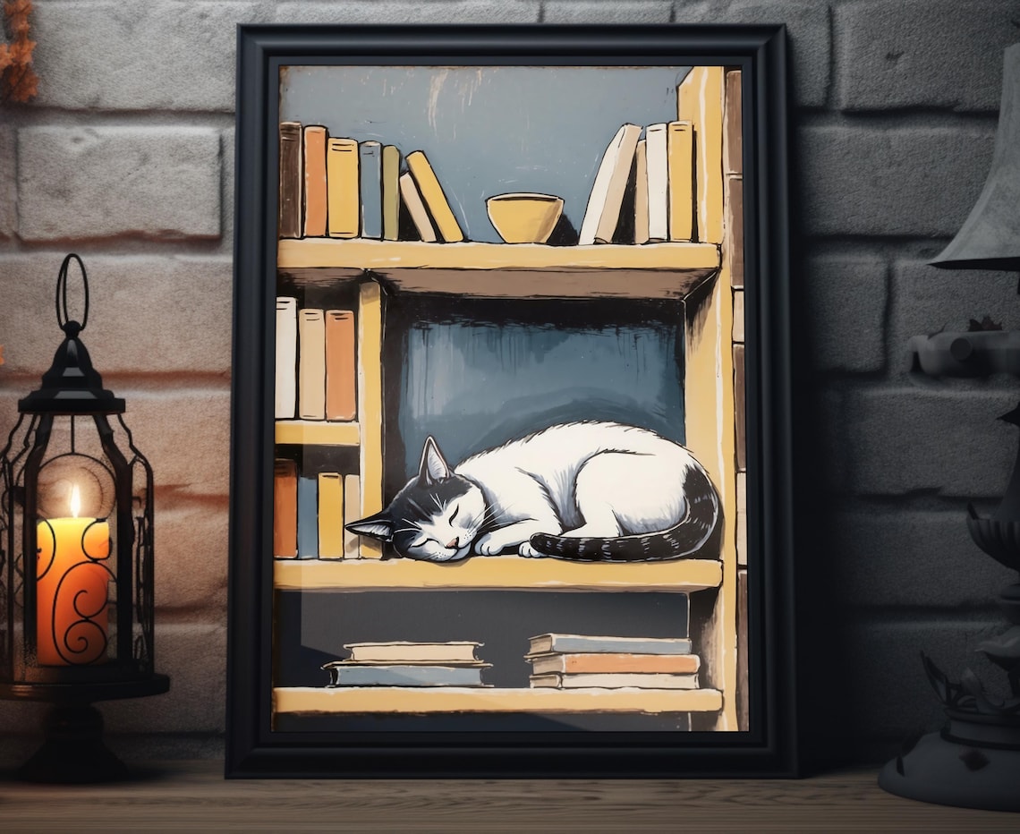 Sleeping Cat Bookshelf Cozy Book Lover Vintage Illustration Poster