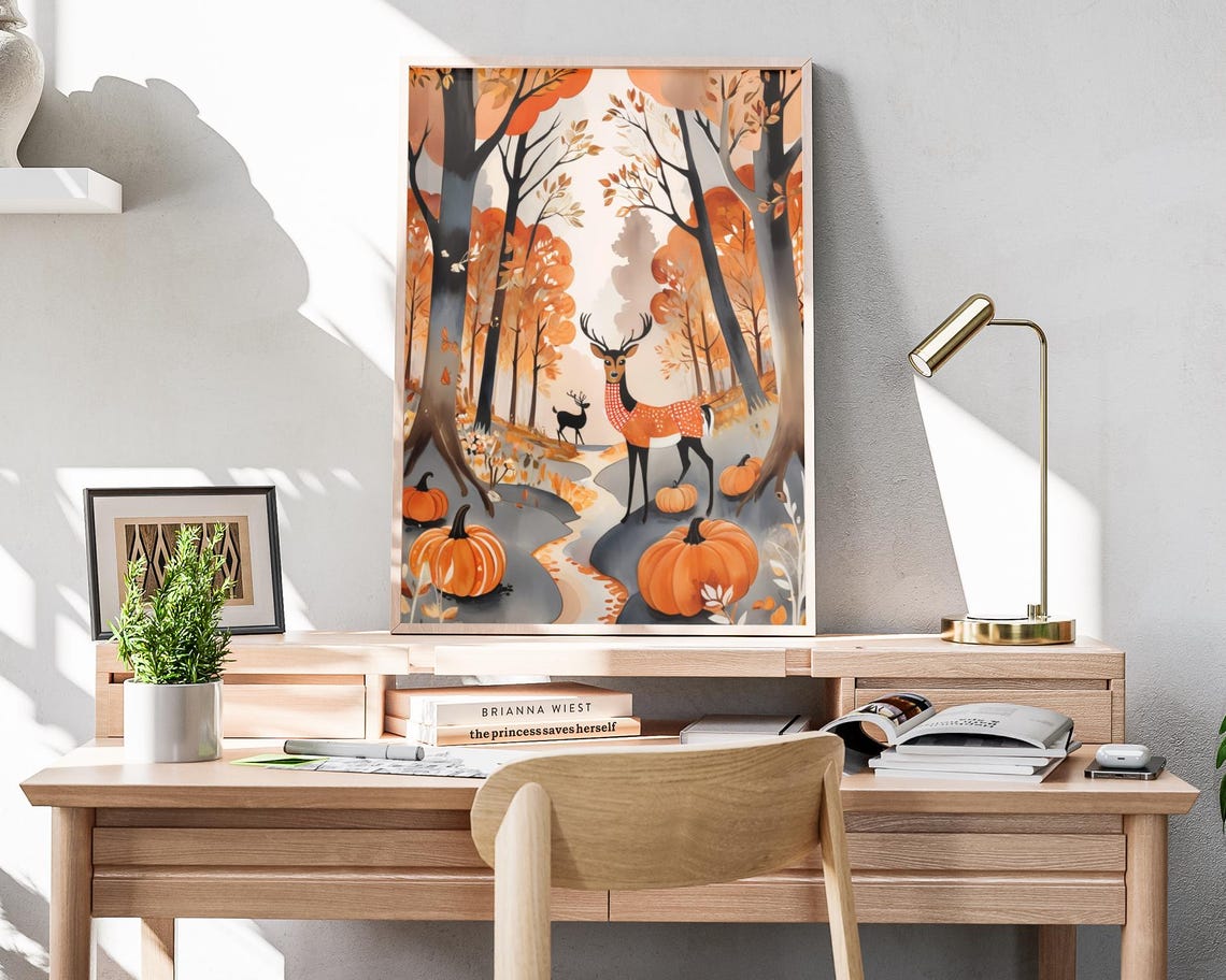 Autumn Deer Pair Forest Stream Pumpkin Fall Foliage Art Poster - Image 4