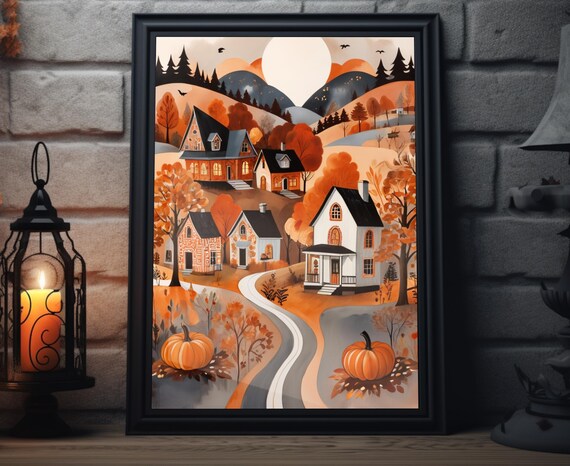 Fall Harvest Village Folk Art Full Moon Pumpkins Night Scene Poster